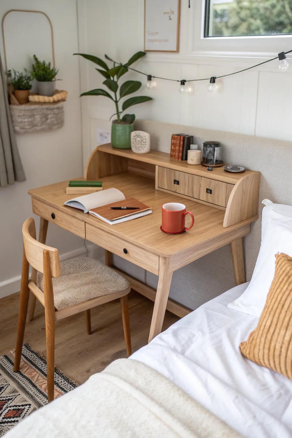 A hidden desk behind the headboard keeps your tiny bedroom calm and clutter-free.