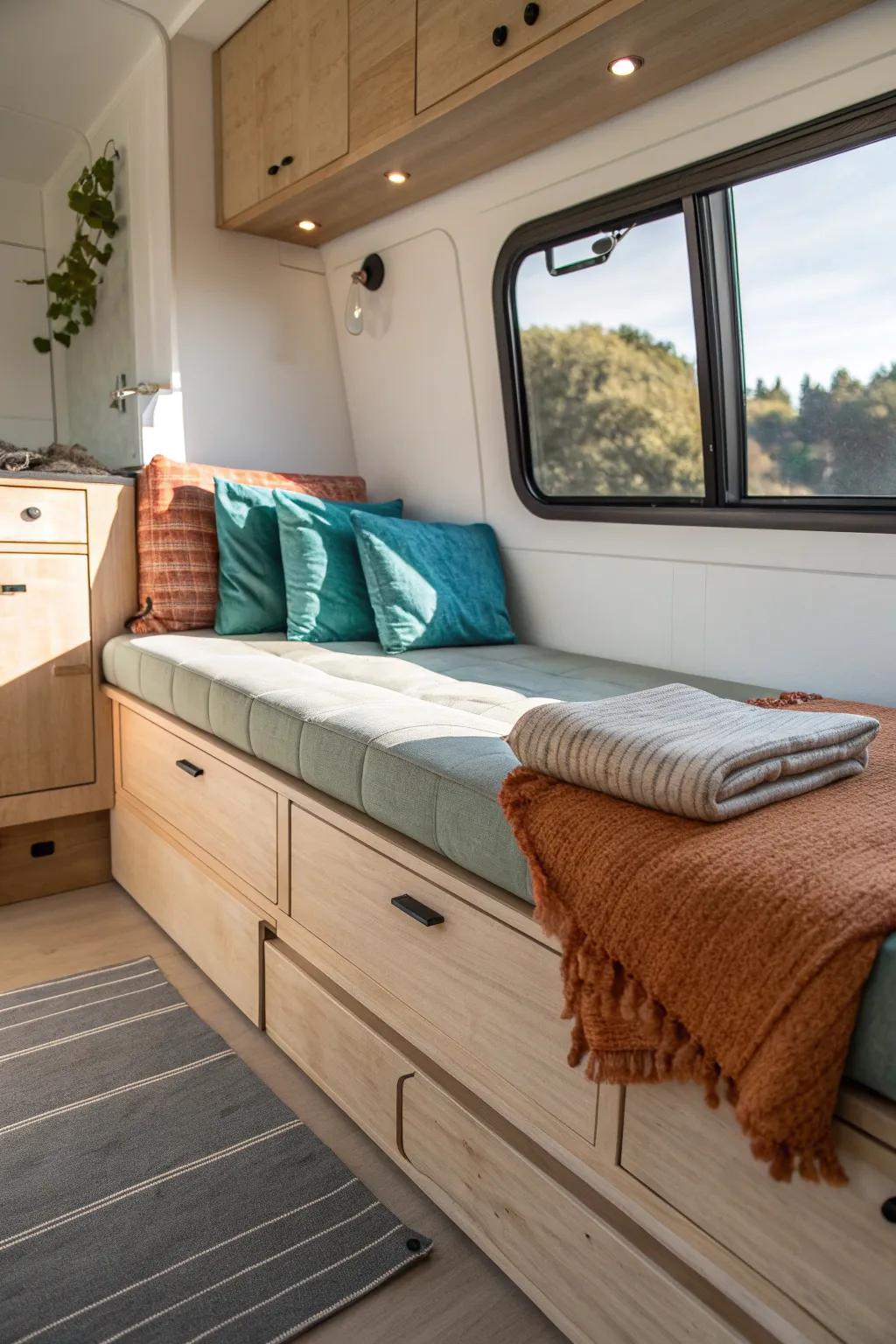 Tiny-home magic: a dinette by day, a cozy guest bed by night—minimal, warm, and bold.