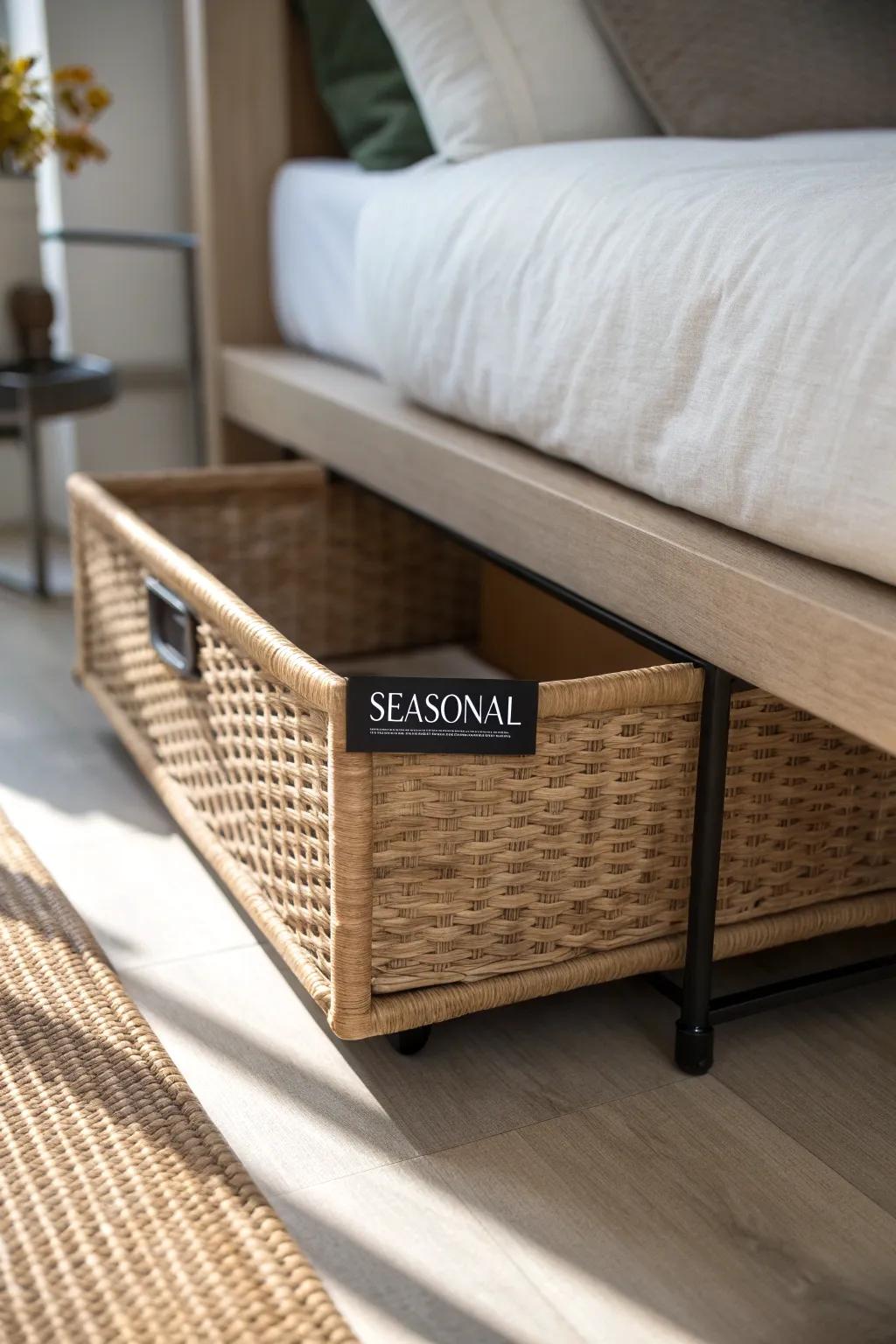 Turn under-bed space into a mini closet: pull-out bin + bold labels for fast, tidy storage.