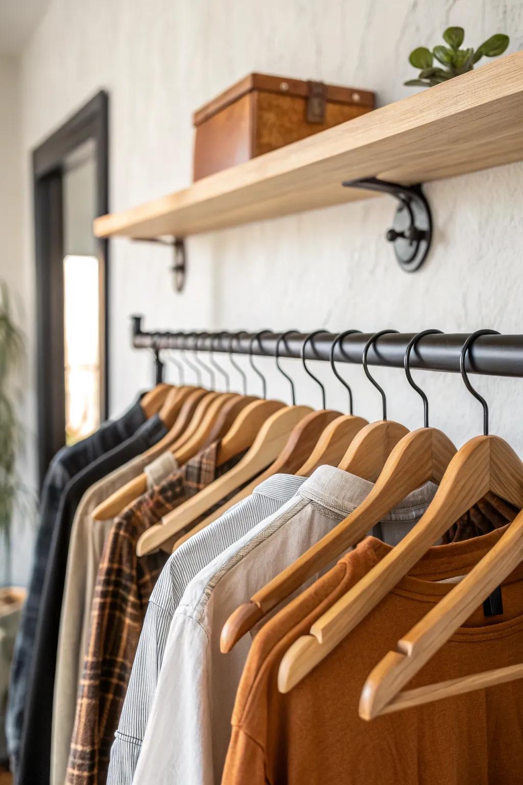 Try a wall-mounted open closet rail—matching slim hangers keep tiny spaces airy and serene.