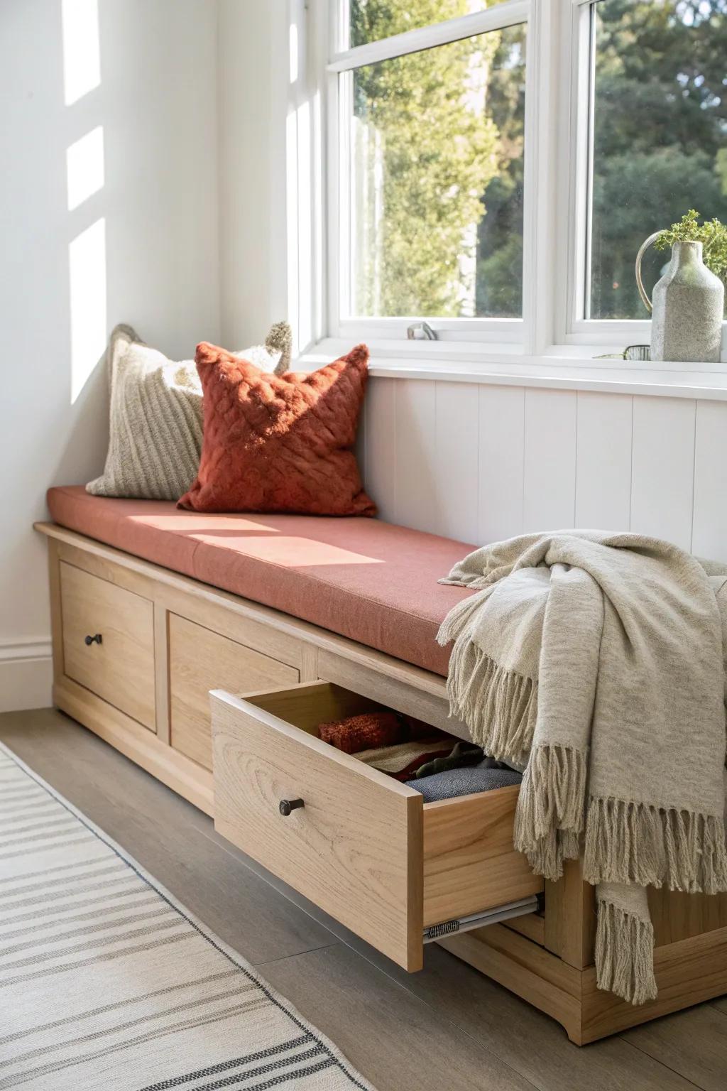 Tiny-house window seat: a sunny reading nook with hidden storage you’d never guess.