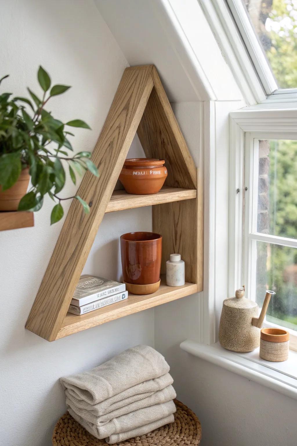 Turn wasted corners into prime storage with a chic floating shelf that keeps spaces open.