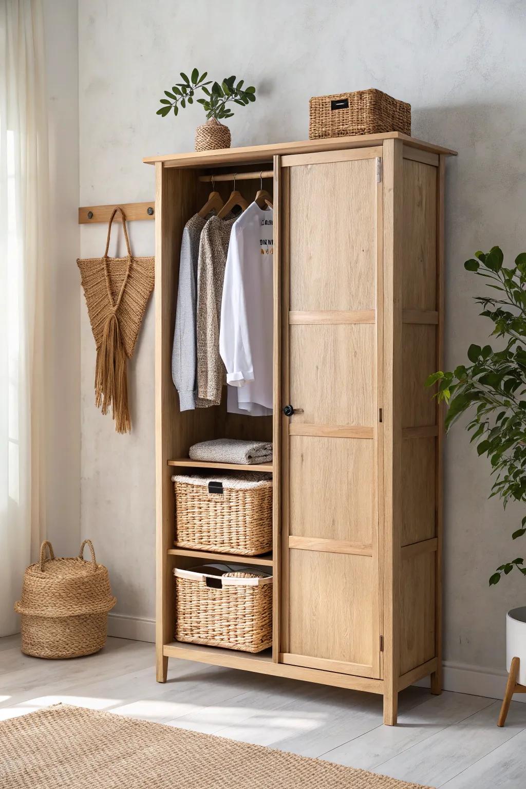 A one-wall closet system keeps tiny bedrooms tidy—vertical storage, shelves, and bins in one zone.