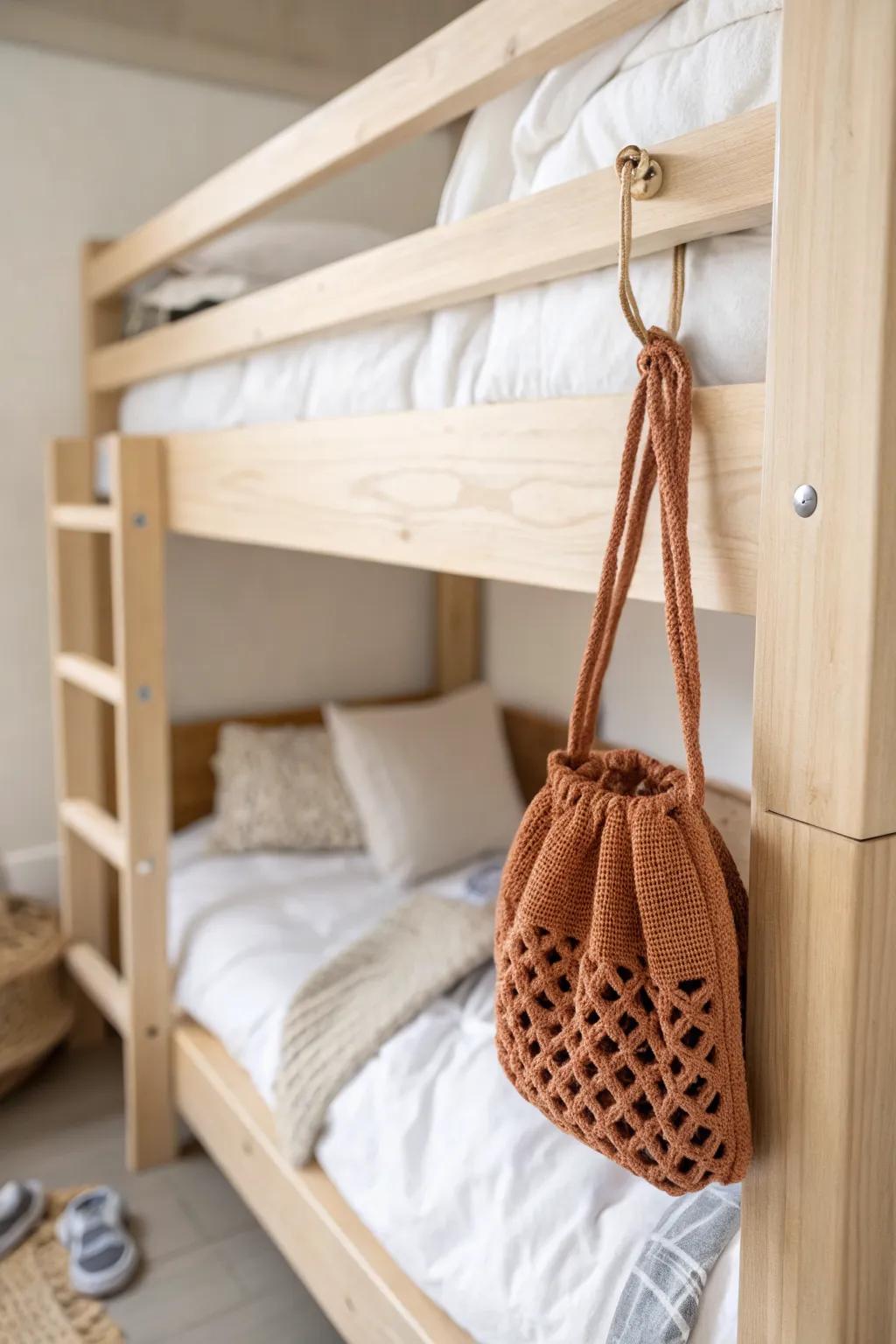 Removable under-rail hook keeps the top bunk tidy—add a chic pouch for instant style.
