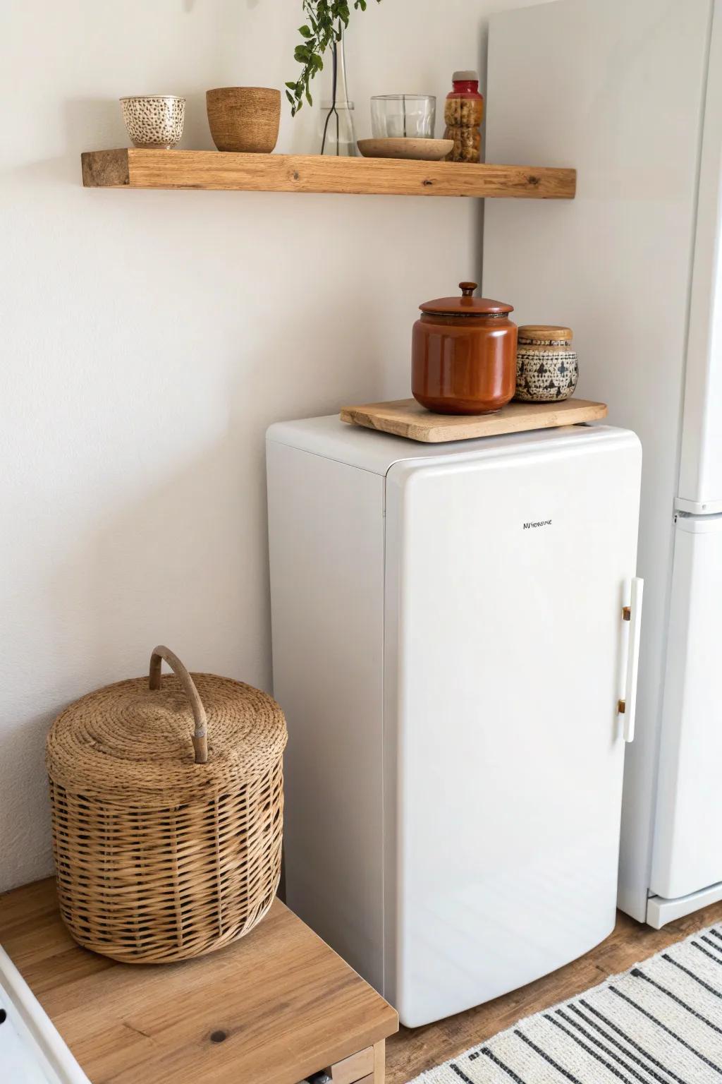 Turn dead space above the fridge into chic storage with a simple floating shelf and pretty jars.