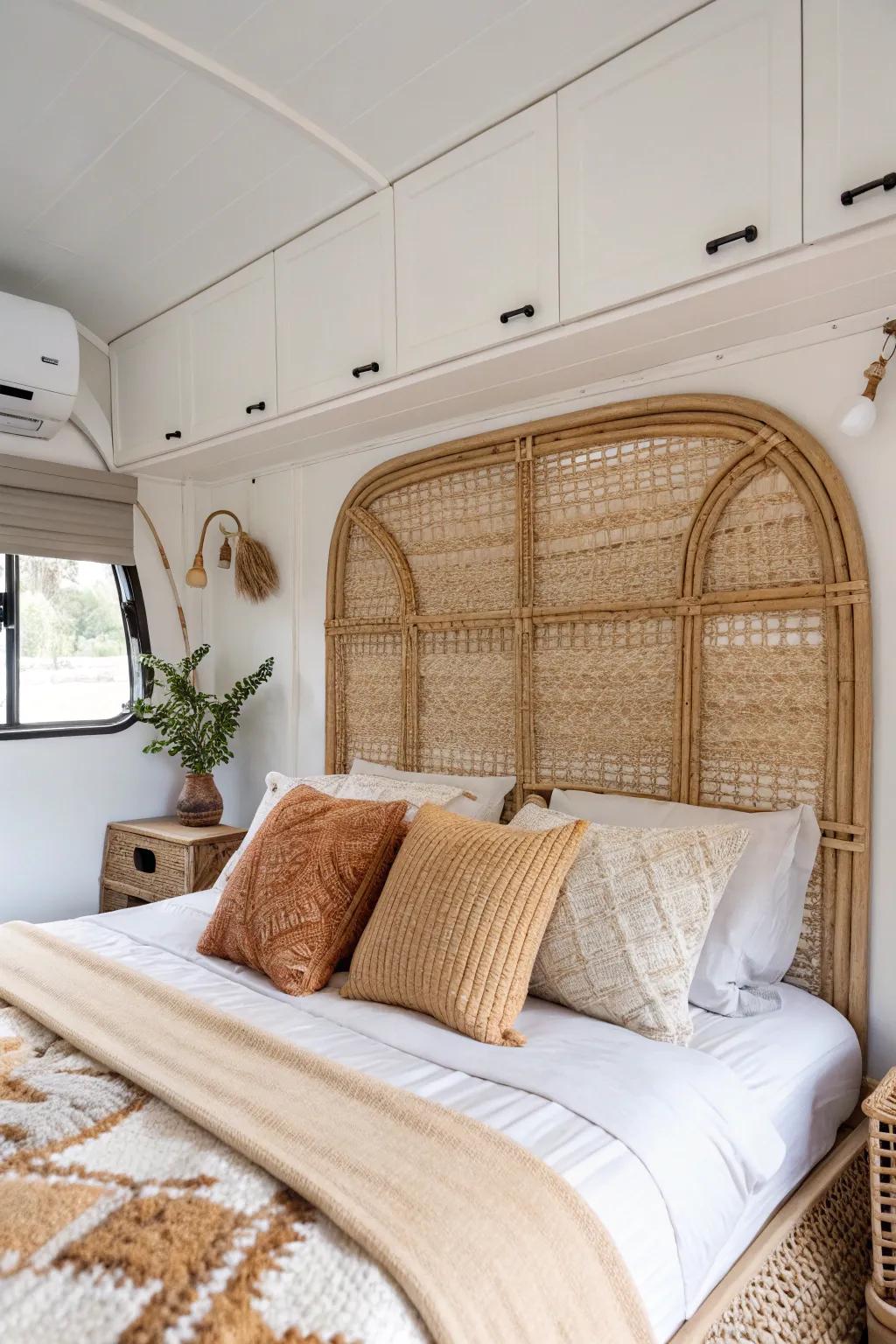 Garage-to-bedroom makeover: a bold rattan headboard wall with layered linen for cozy luxury.