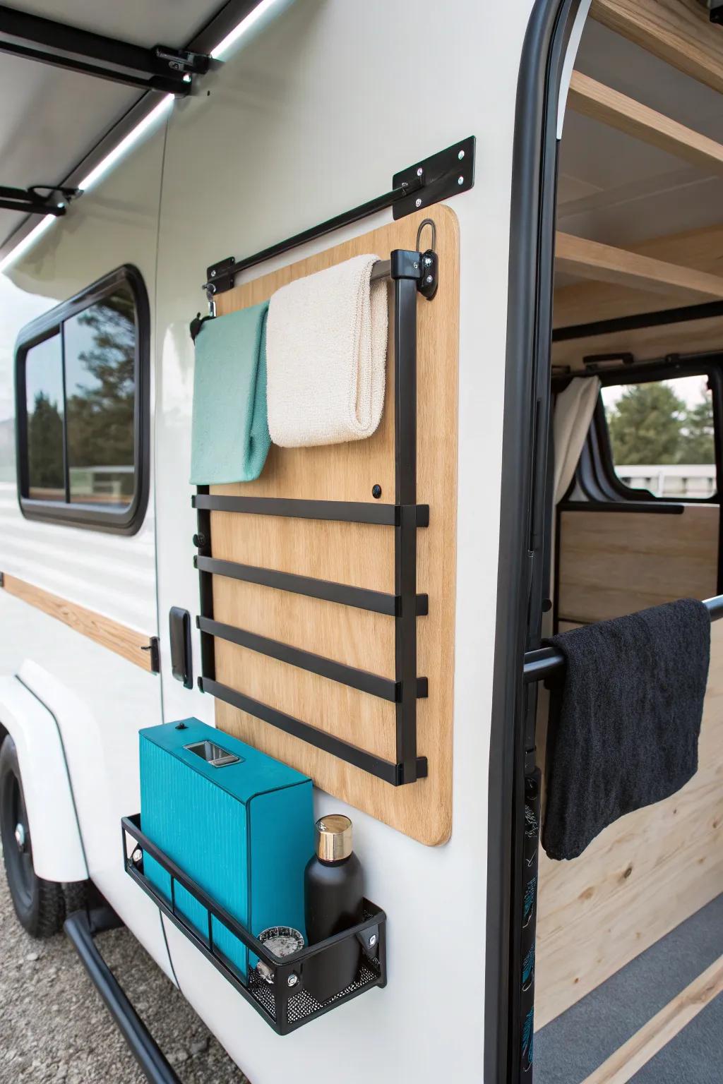 Removable plywood wall panel adds chic, sturdy storage to your toy hauler garage.