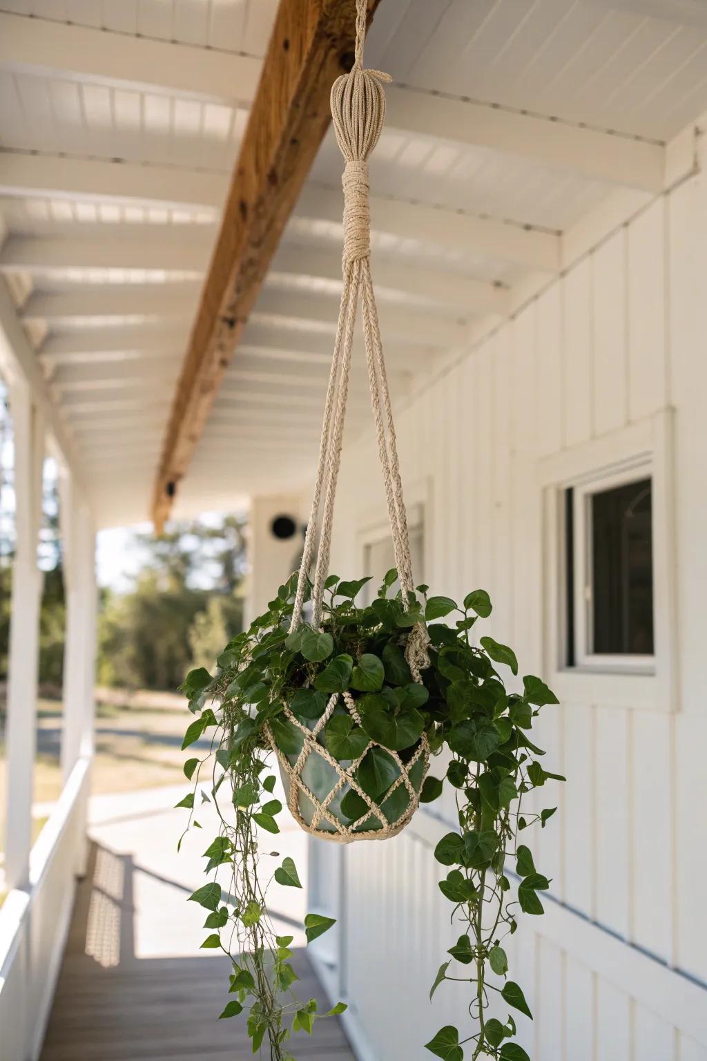 A macramé hanging plant adds lush porch charm—zero floor space needed on a trailer porch.