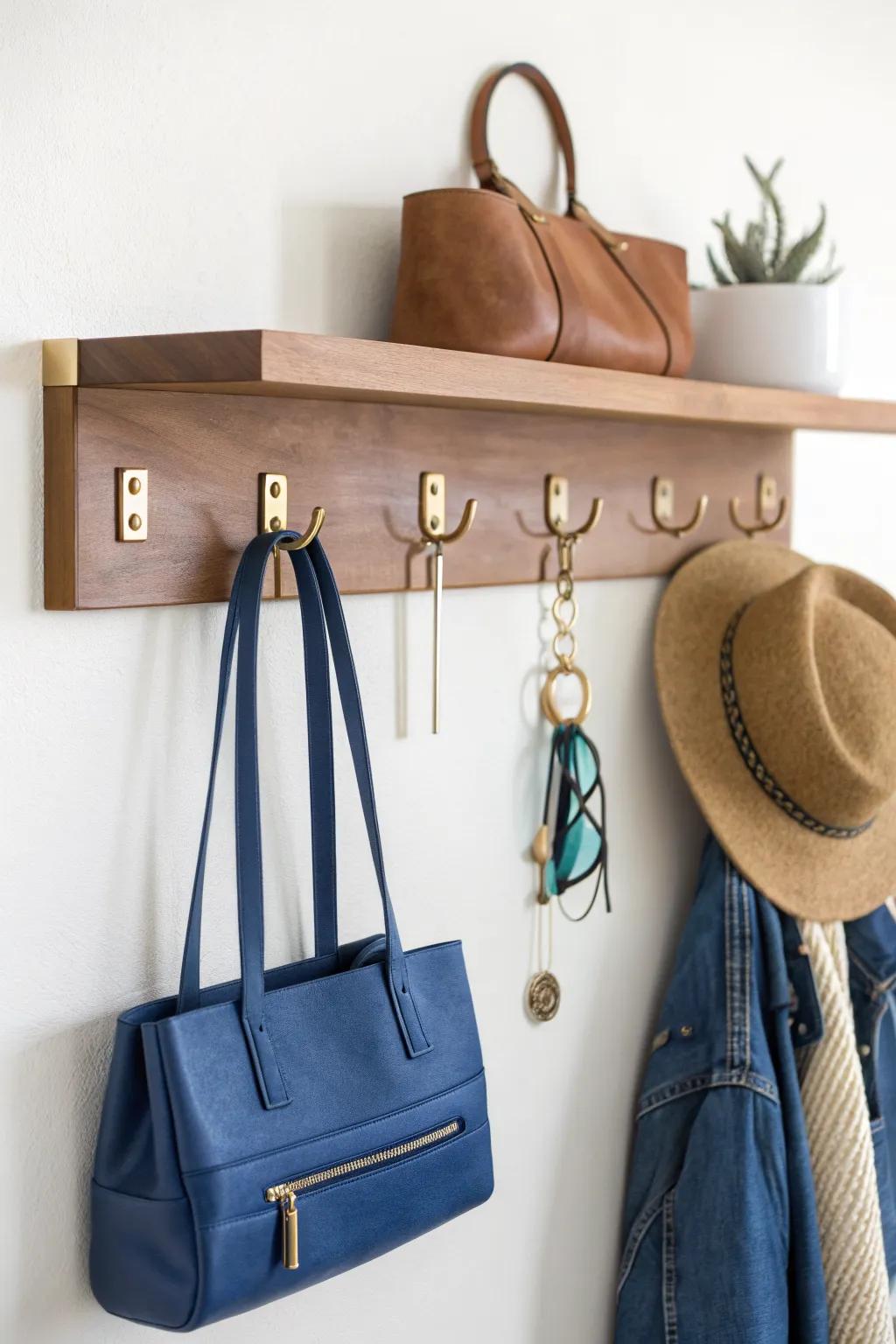 Turn one wall into a chic handbag-and-hat display—simple shelves, hooks, and instant order.