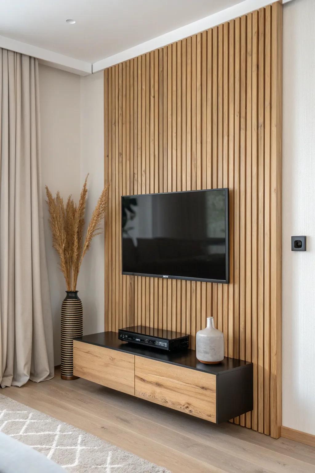 Vertical wood slats behind a mounted TV add warm texture and designer contrast—no floor space needed.