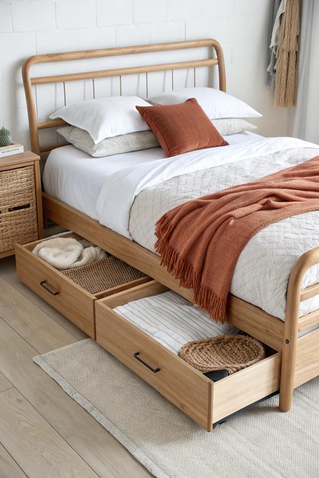 A twin bed with drawers adds hidden storage—perfect when there’s no room for a dresser.