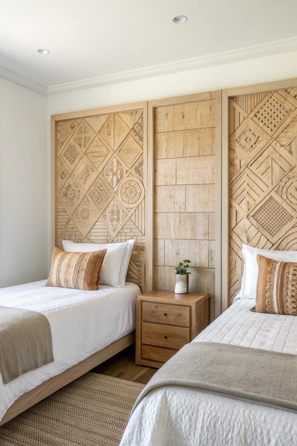 A bold terracotta accent wall unites two twin beds—big style, zero extra bulk.