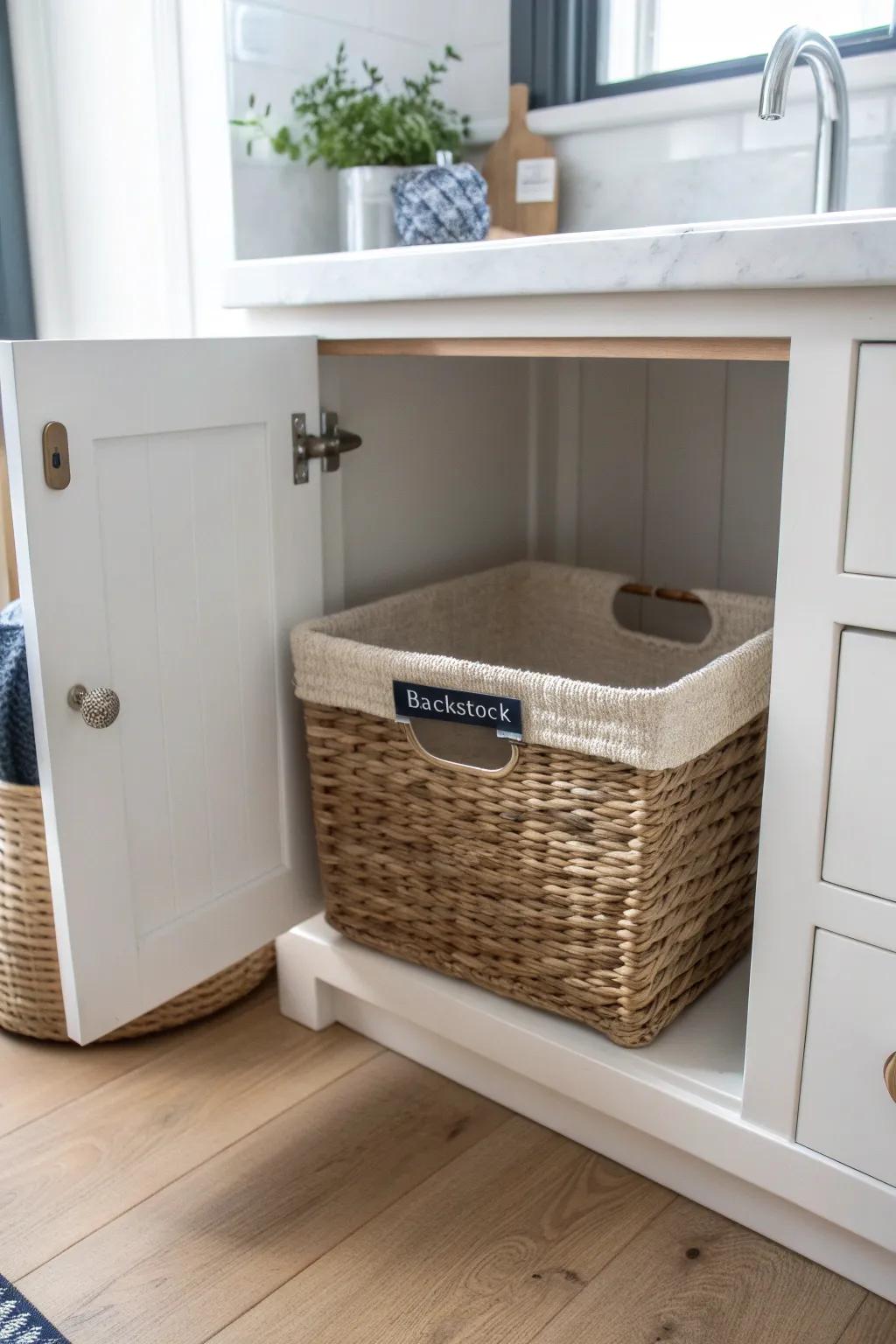 A dedicated backstock bin keeps refills tidy under the cabinet—no more clutter creep.