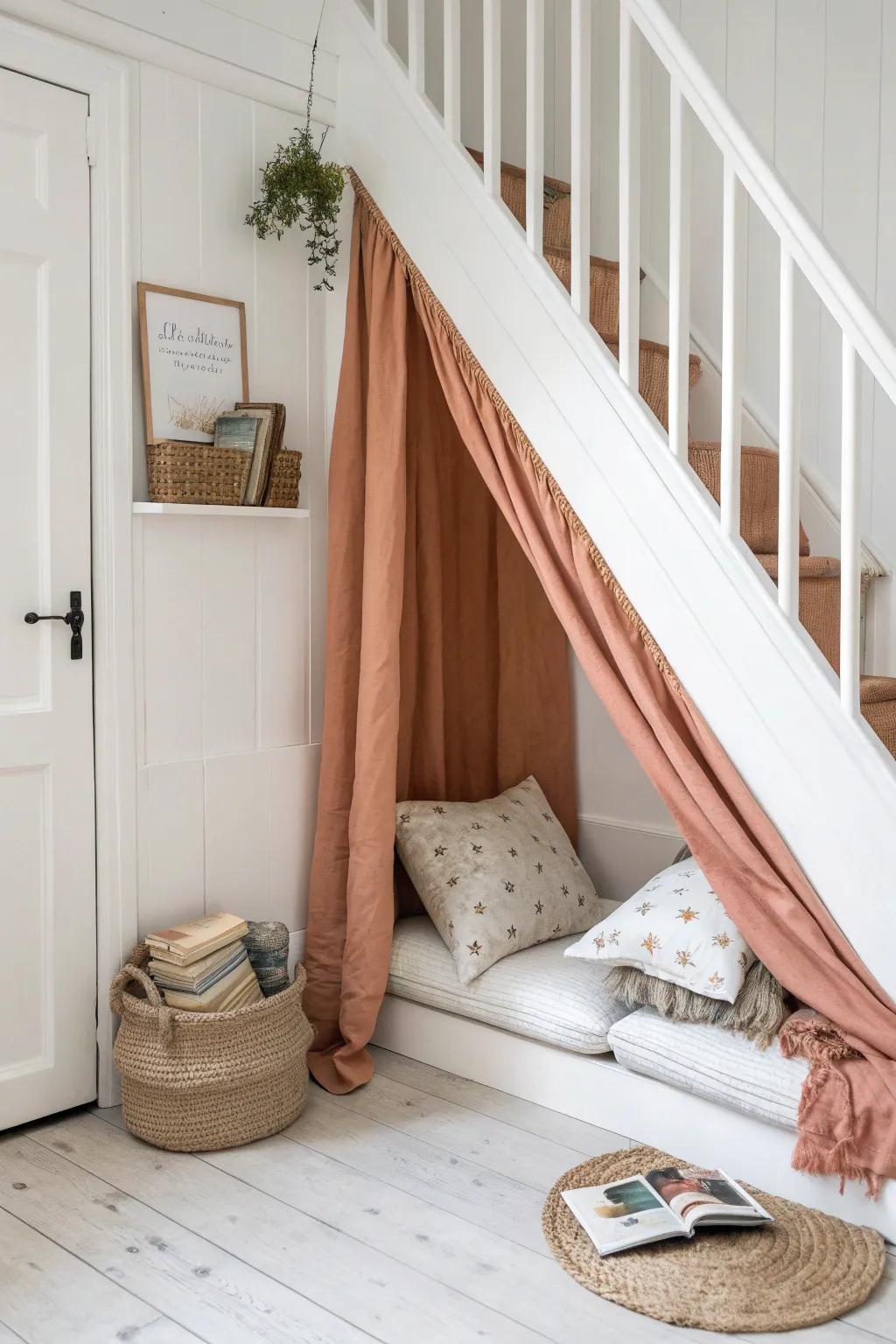 A secret under-stair reading nook with a linen curtain, floor pillows, and a woven book bin.