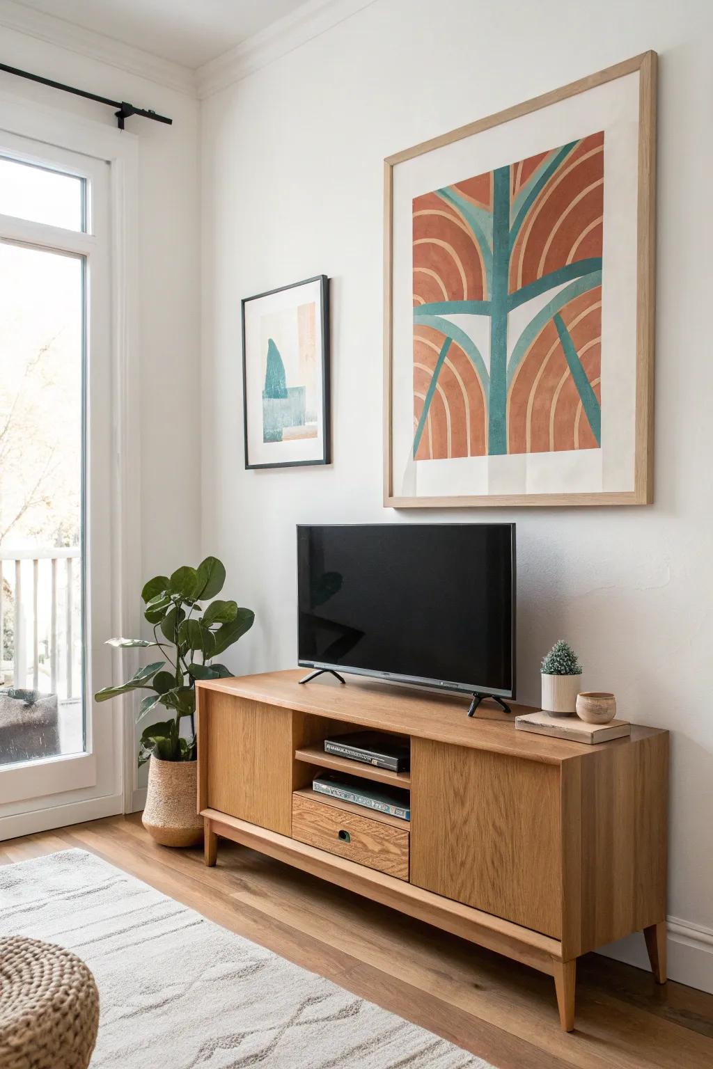 Lean a bold framed print under the TV to soften the black rectangle and add warm, boho charm.