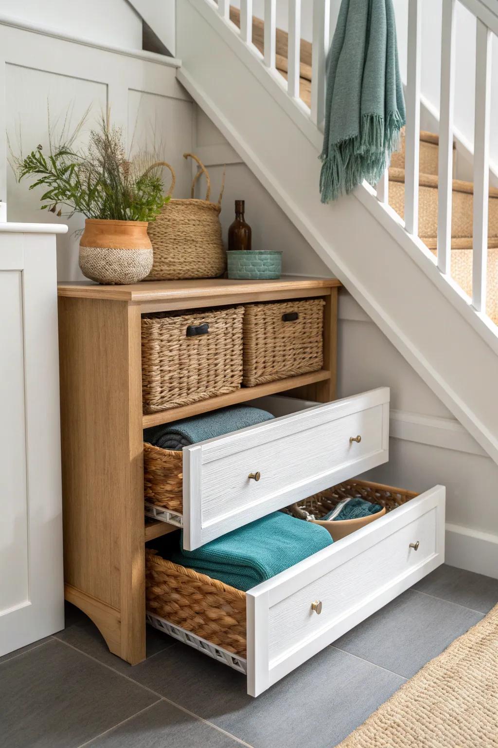Turn the space under your stairs into sleek drawers and cubbies—small-space storage magic.