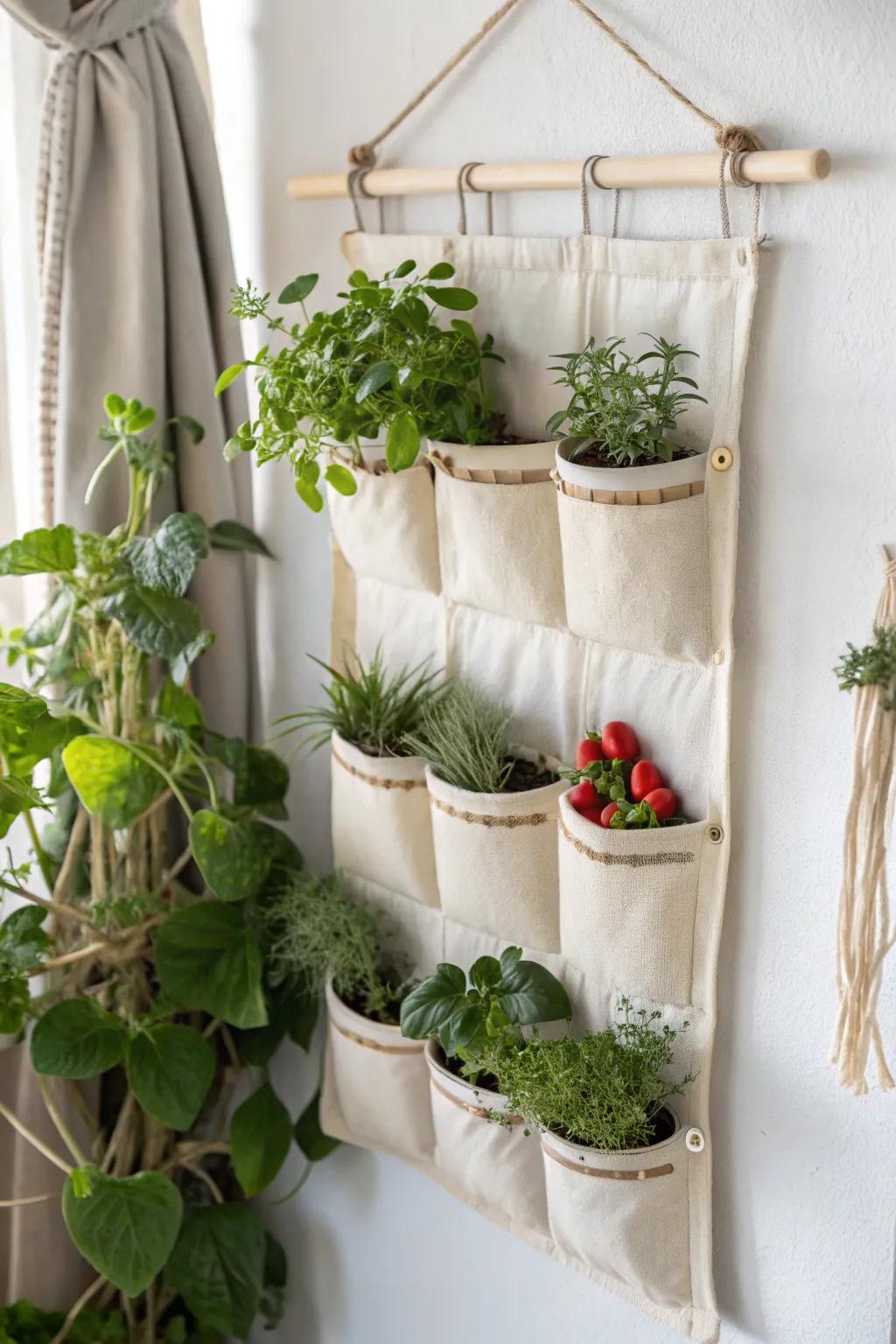 Turn a blank wall into a mini garden—shoe organizer pockets bursting with herbs & strawberries.