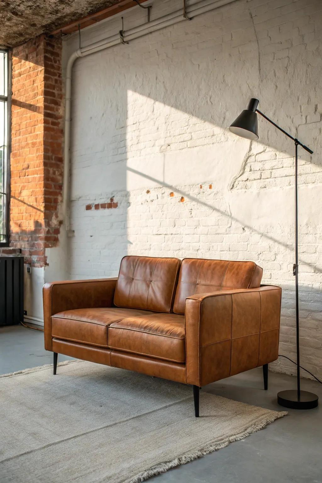 Cognac leather-look seating adds instant warmth and city-cool contrast in small spaces.