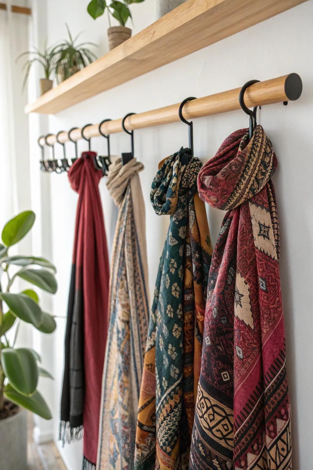 Transform your scarves into a stunning hallway display with a minimalist touch!