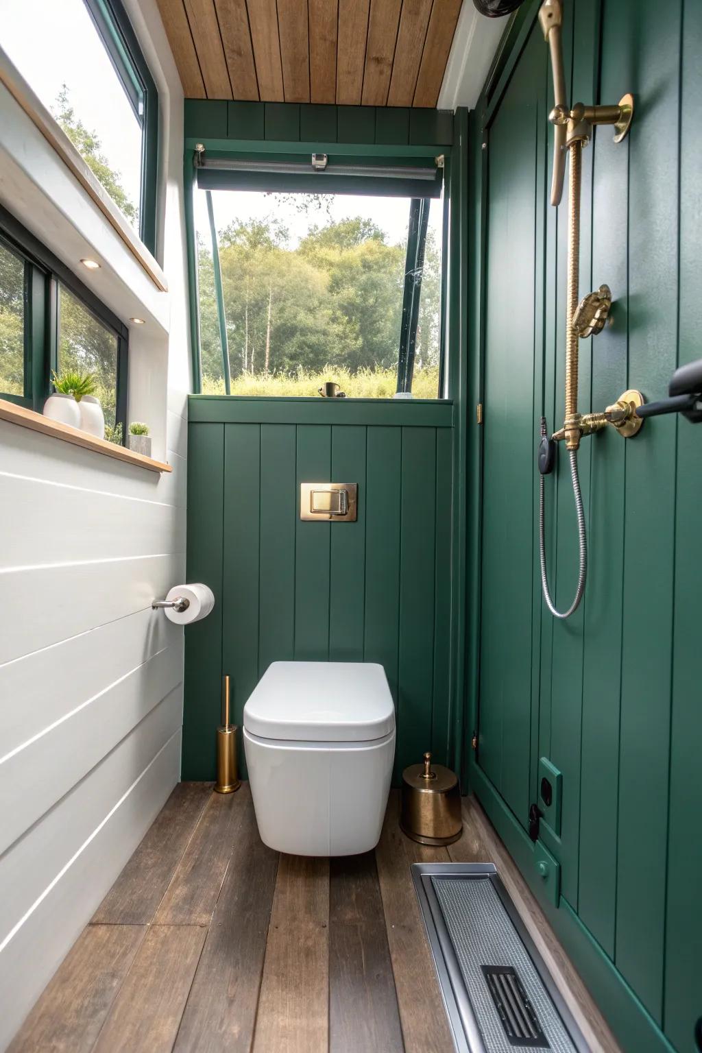Wet-zone win: a sleek van toilet that shares the shower space—easy to wipe, big on style.