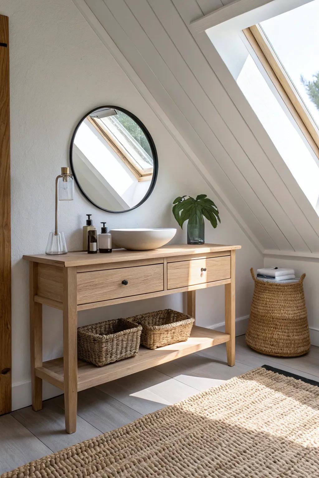 A tiny attic dressing nook: slim oak vanity + round mirror at the highest point.