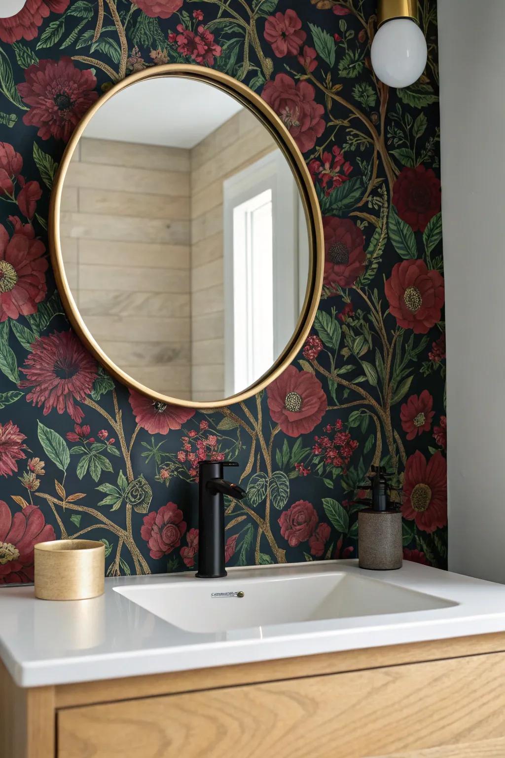 A brass-framed mirror shines against bold floral wallpaper for a cozy jewel-box half bath.