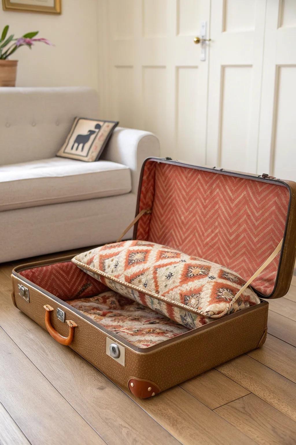 Turn a vintage suitcase into a chic pet bed—cozy cushion, big style for small spaces.