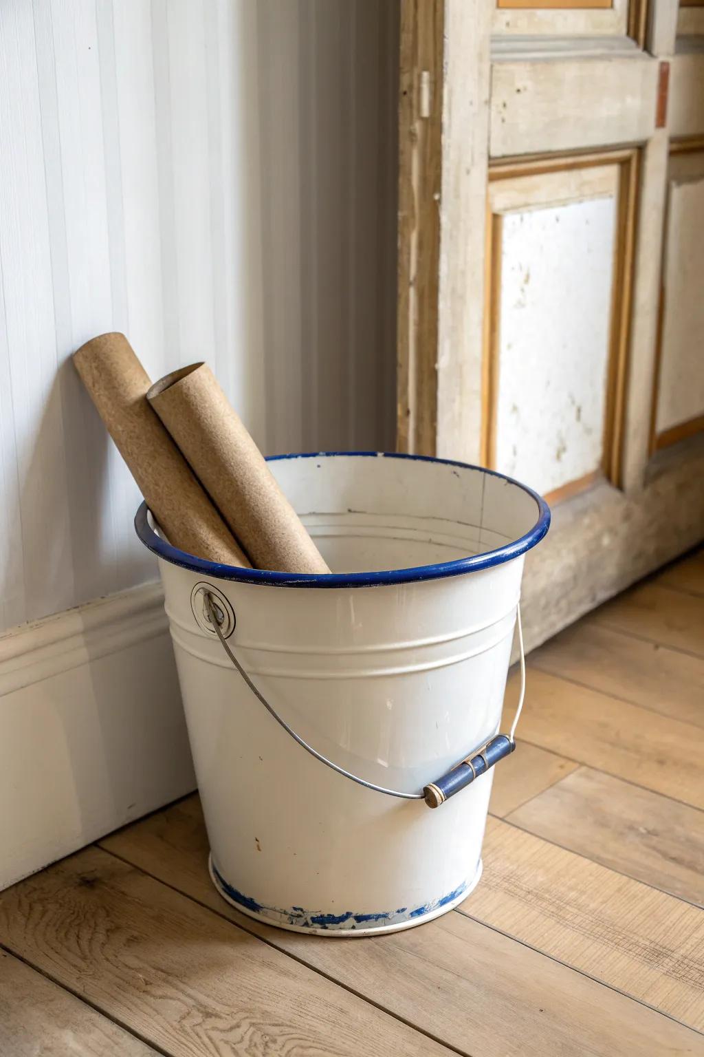Vintage enamel bucket: a chic, space-saving holder for tall items in a tiny entryway.