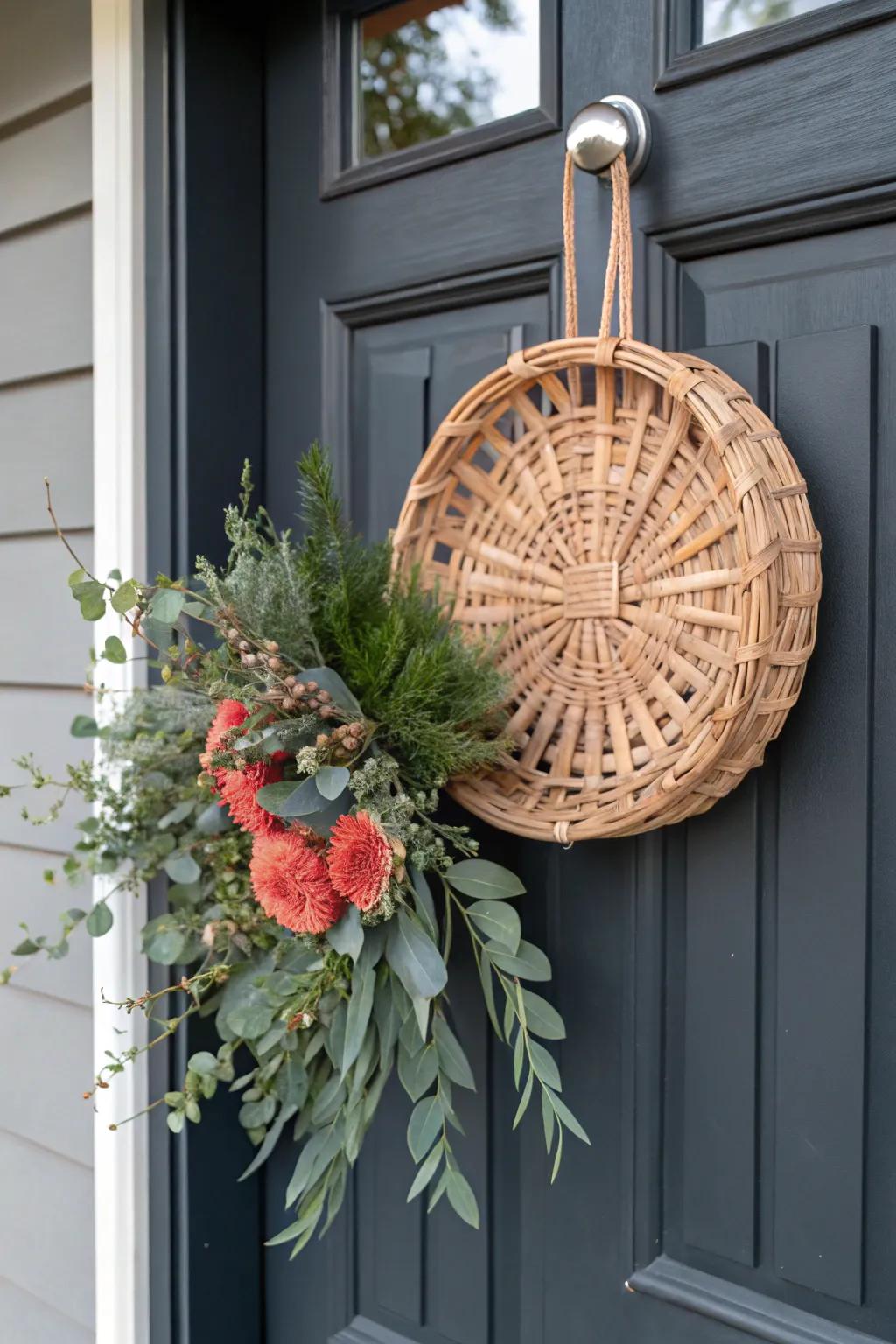 Swap a wall basket for a wreath—add seasonal greenery for an easy, renter-friendly door look.