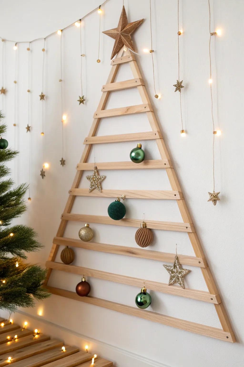 Minimal wood-slat wall tree with handcrafted ornaments—modern, cozy, and perfect for small spaces.
