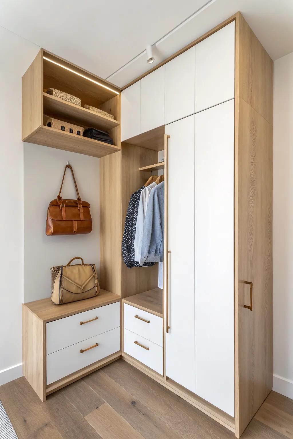 Turn a tricky corner into chic storage with a slim return—perfect for bags and jackets.