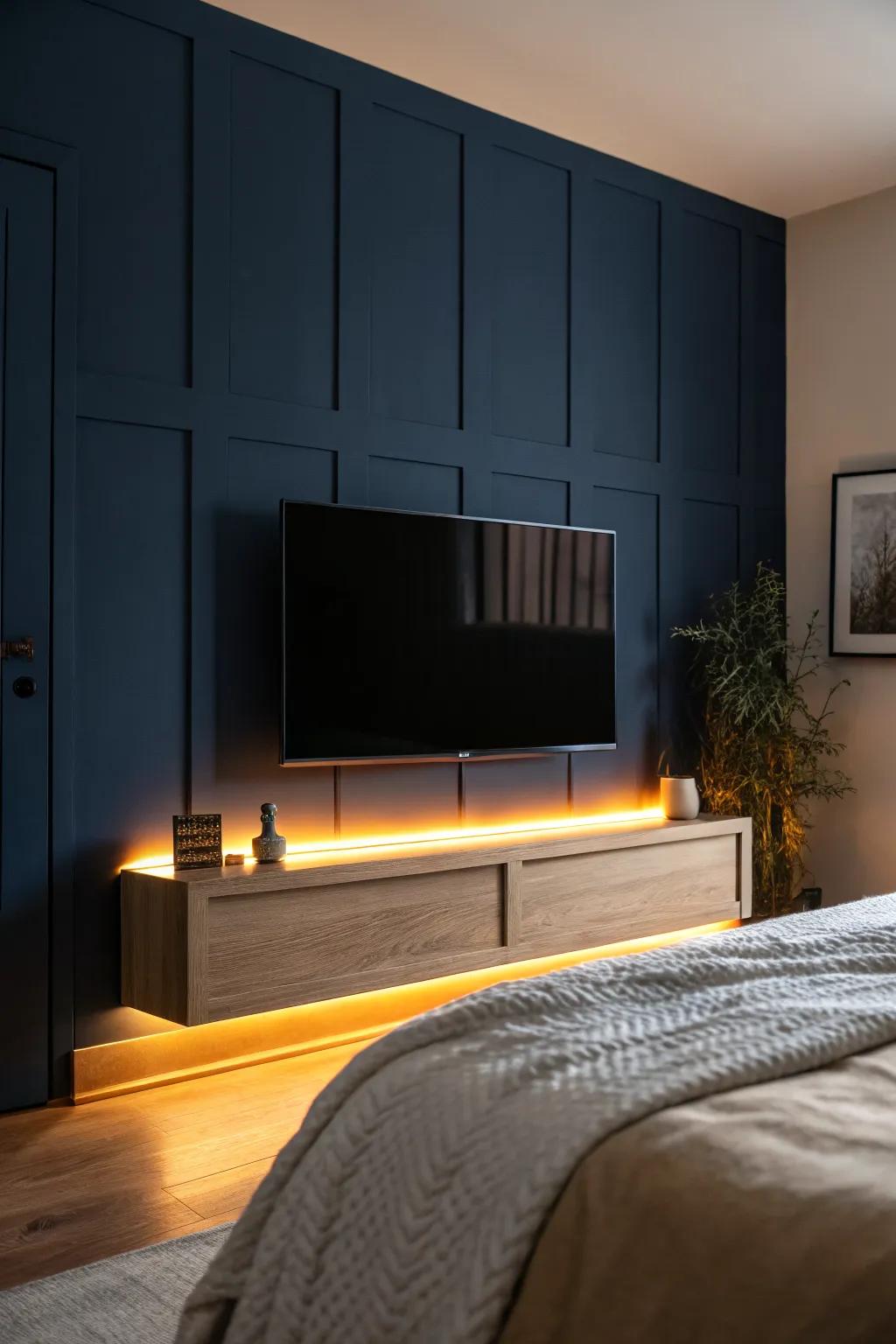 Warm LED halo behind a wall-mounted TV adds a cozy nightlight and reduces harsh screen glare.