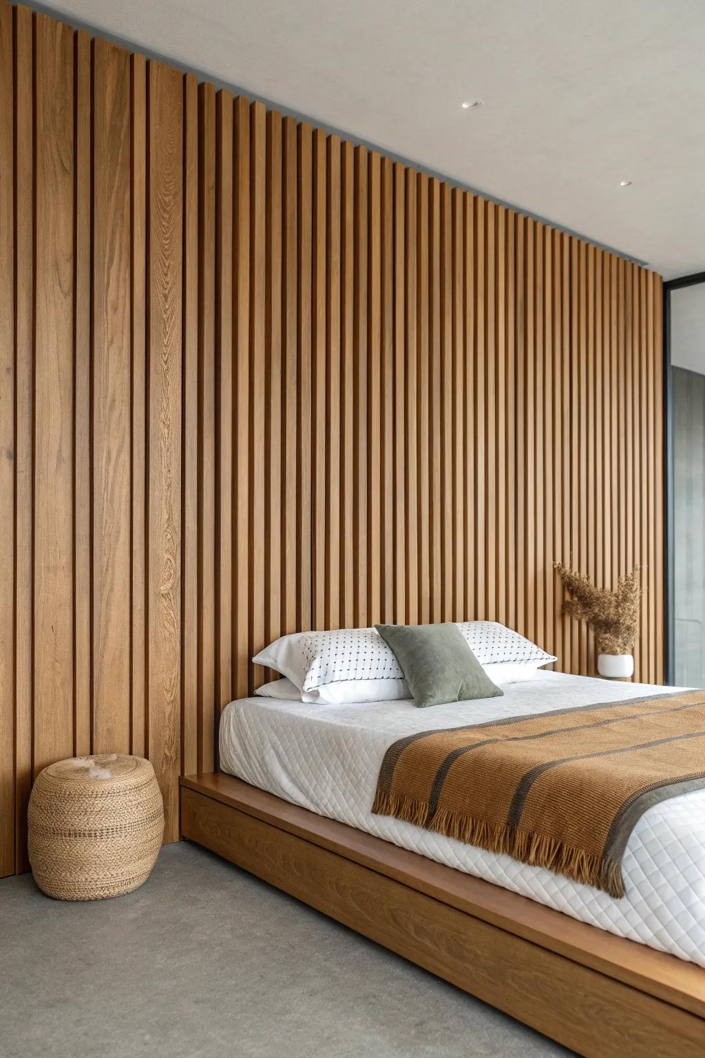 Skip the headboard—sleek slatted paneling frames the bed wall and adds a built‑in luxe feel.