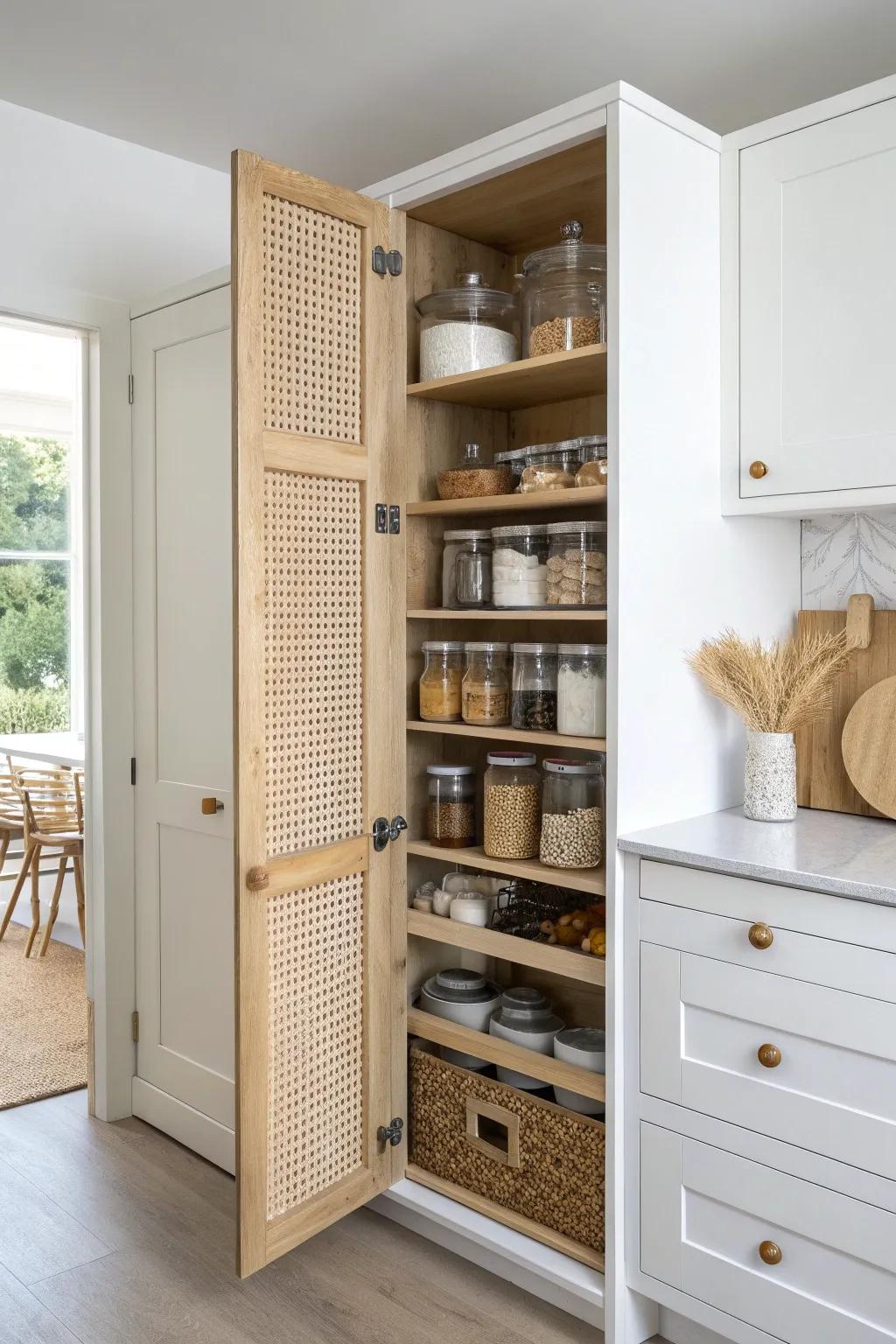 Pull-out wall pantry cabinet: baking shelf + breakfast zone for effortless small-space mornings.