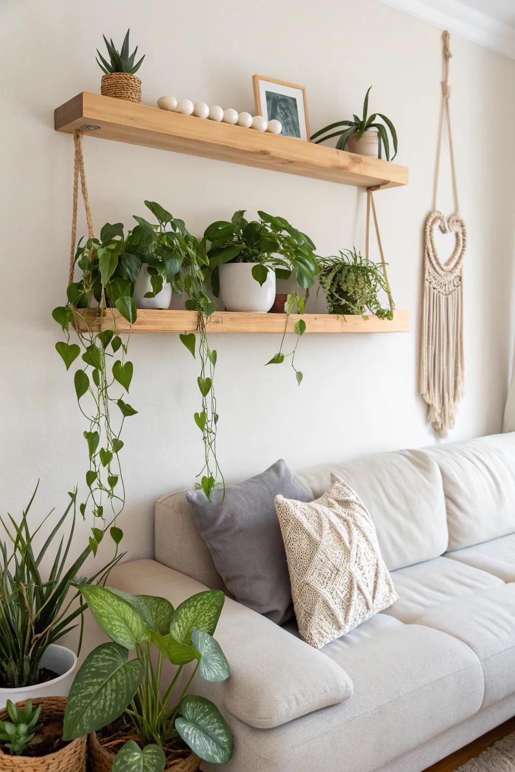 Above-the-couch plant shelf: sleek oak ledge with lush greens and cascading vines for small spaces.