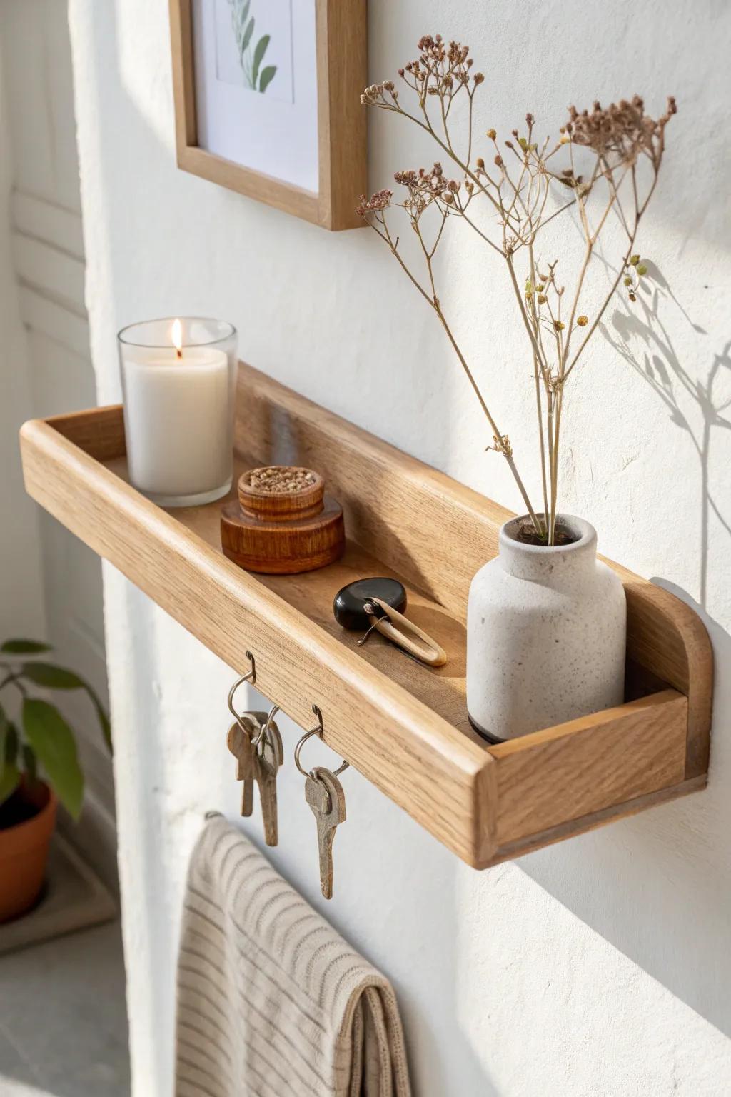 A slim entry shelf that’s pretty and practical: one tray for keys with cozy, minimal styling.