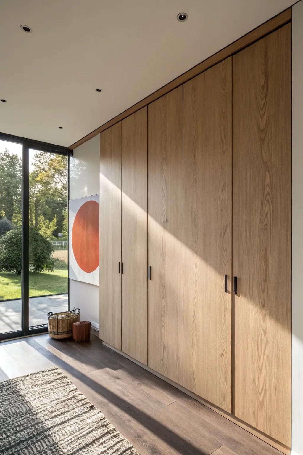 Seamless handle-less closet fronts that read like a sleek wall—minimal, calm, and chic.