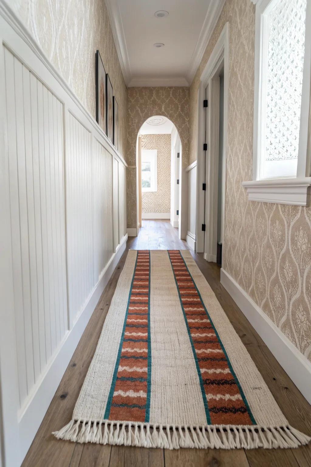 Match your hallway wallpaper to the runner’s accent color for a wider, cohesive look.