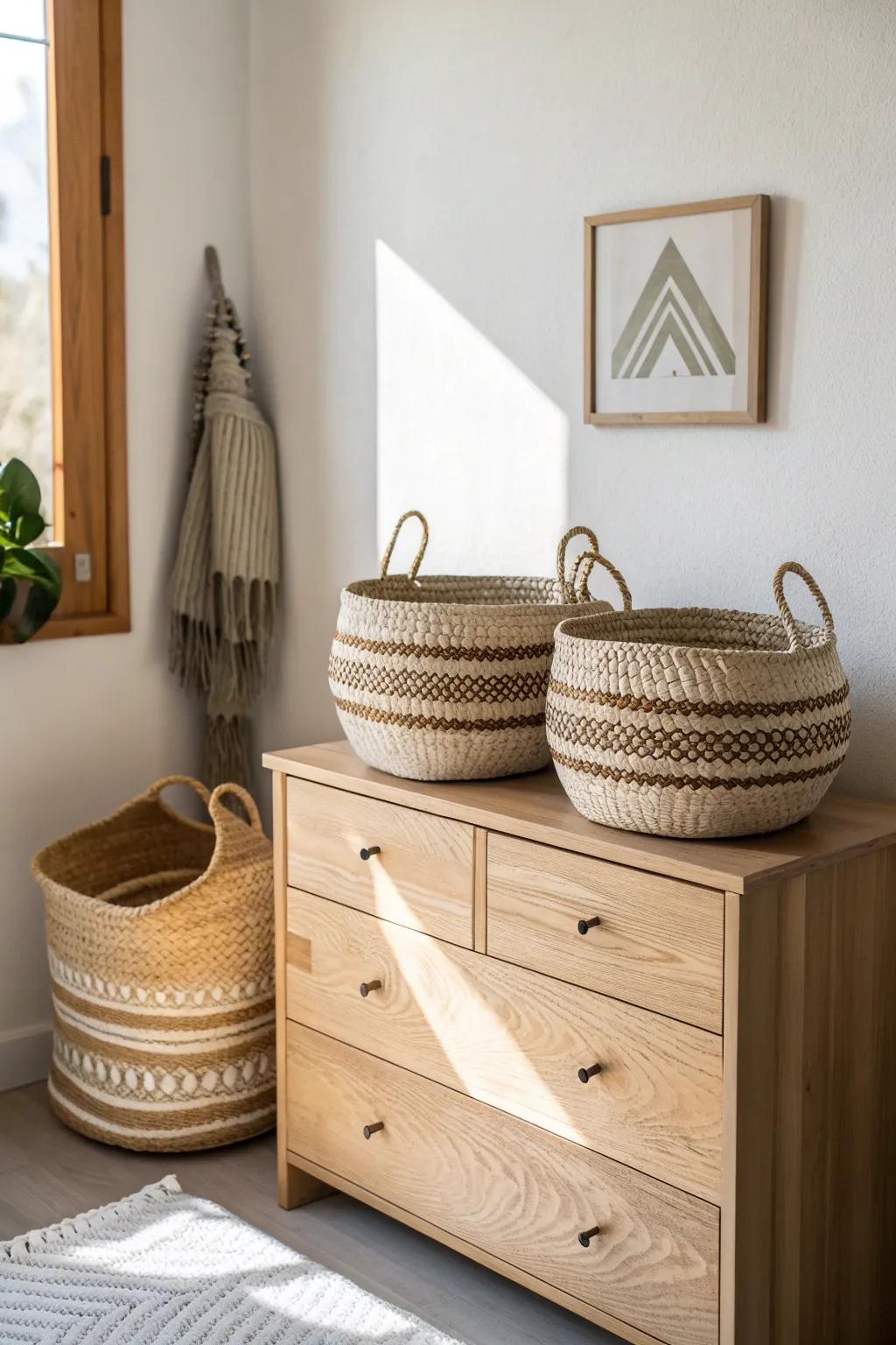 Cozy texture above your dresser: three woven baskets in a soft triangle for effortless warmth.