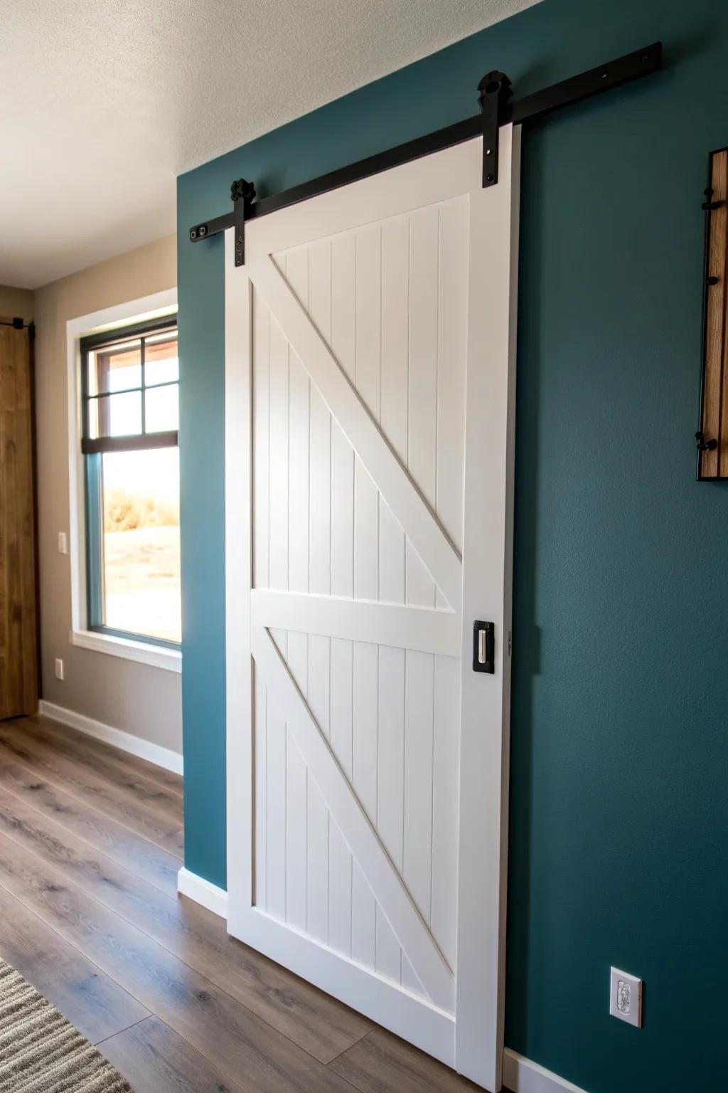 A crisp white barn door divider that turns a studio corner into a serene bedroom nook.