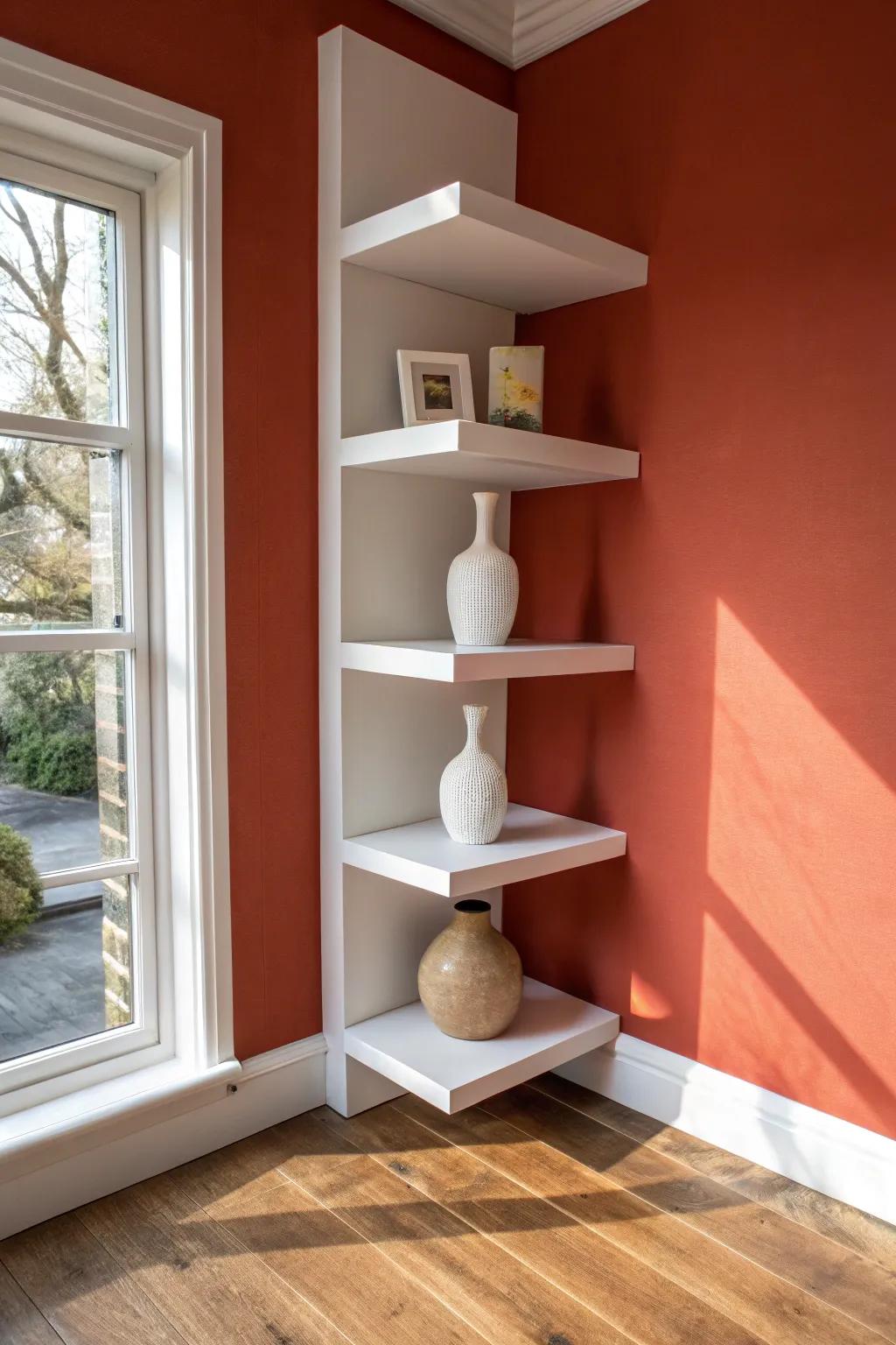 Make awkward corners useful with corner-wrap white shelves—airy storage without visual clutter.