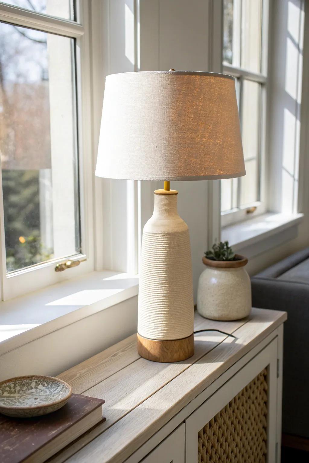 A window bench moment: mini side tower styling with a bold terracotta lamp and warm linen glow.