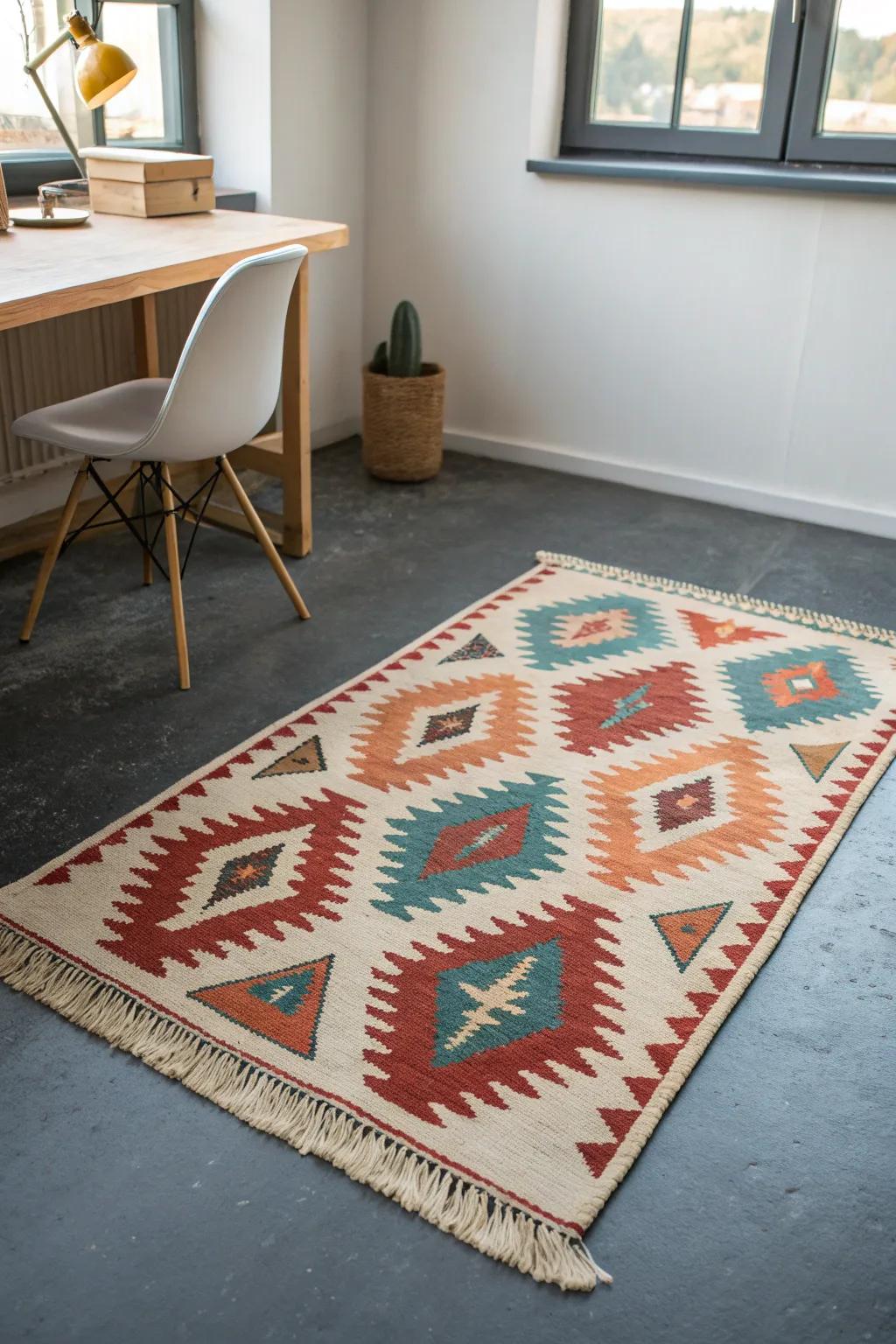 A bright patterned rug reflects light and defines a cozy, stylish windowless office.
