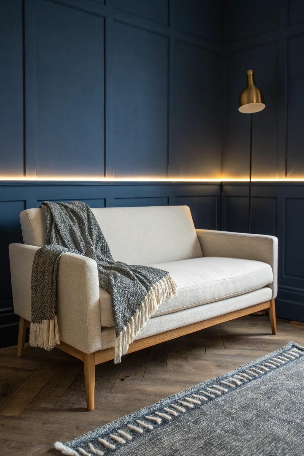 Hide an LED strip behind your sofa for a warm halo glow that brightens a windowless room.