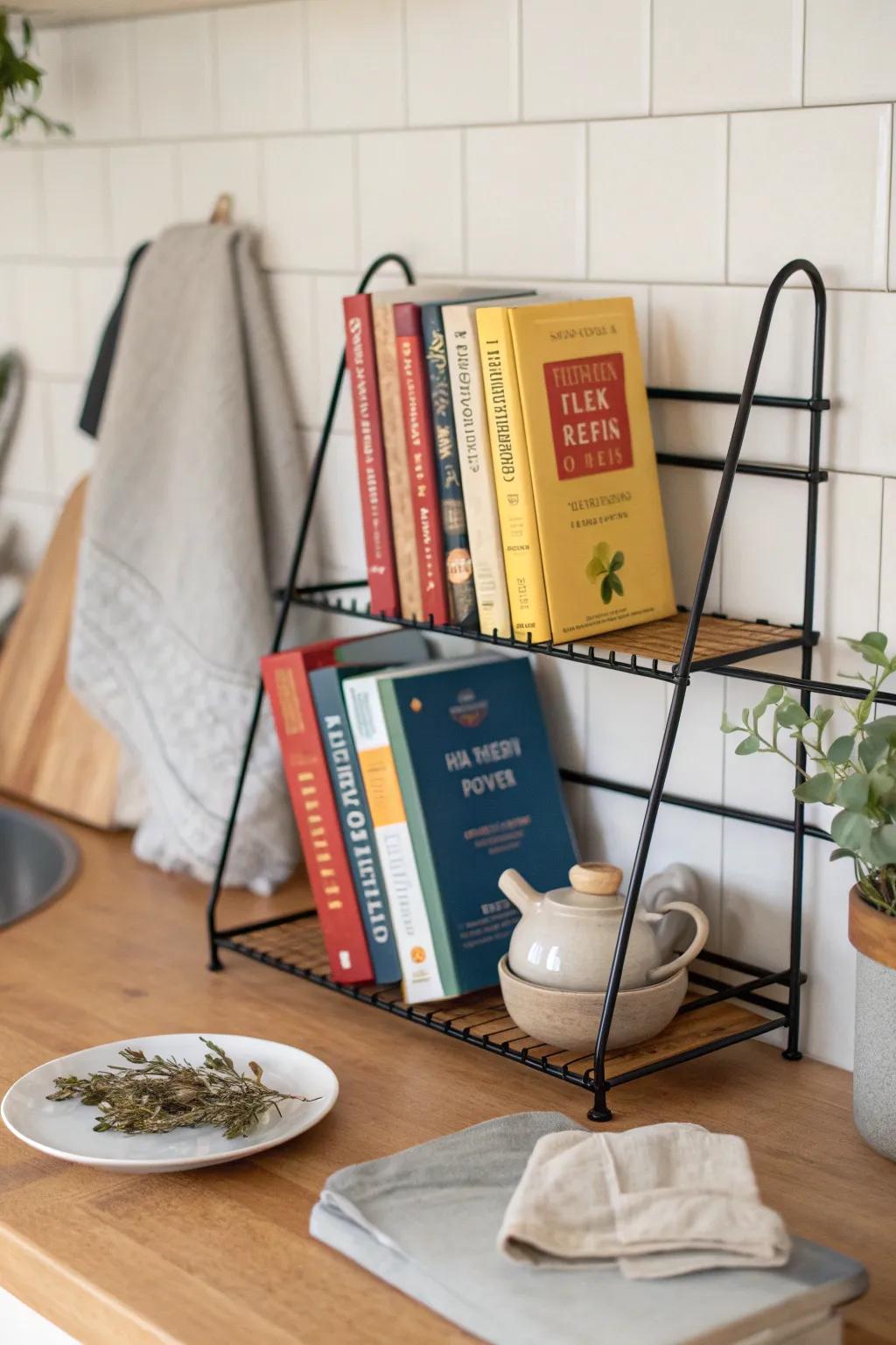 A sleek wire kitchen shelf that keeps your favorite cookbooks visible, tidy, and easy to grab.
