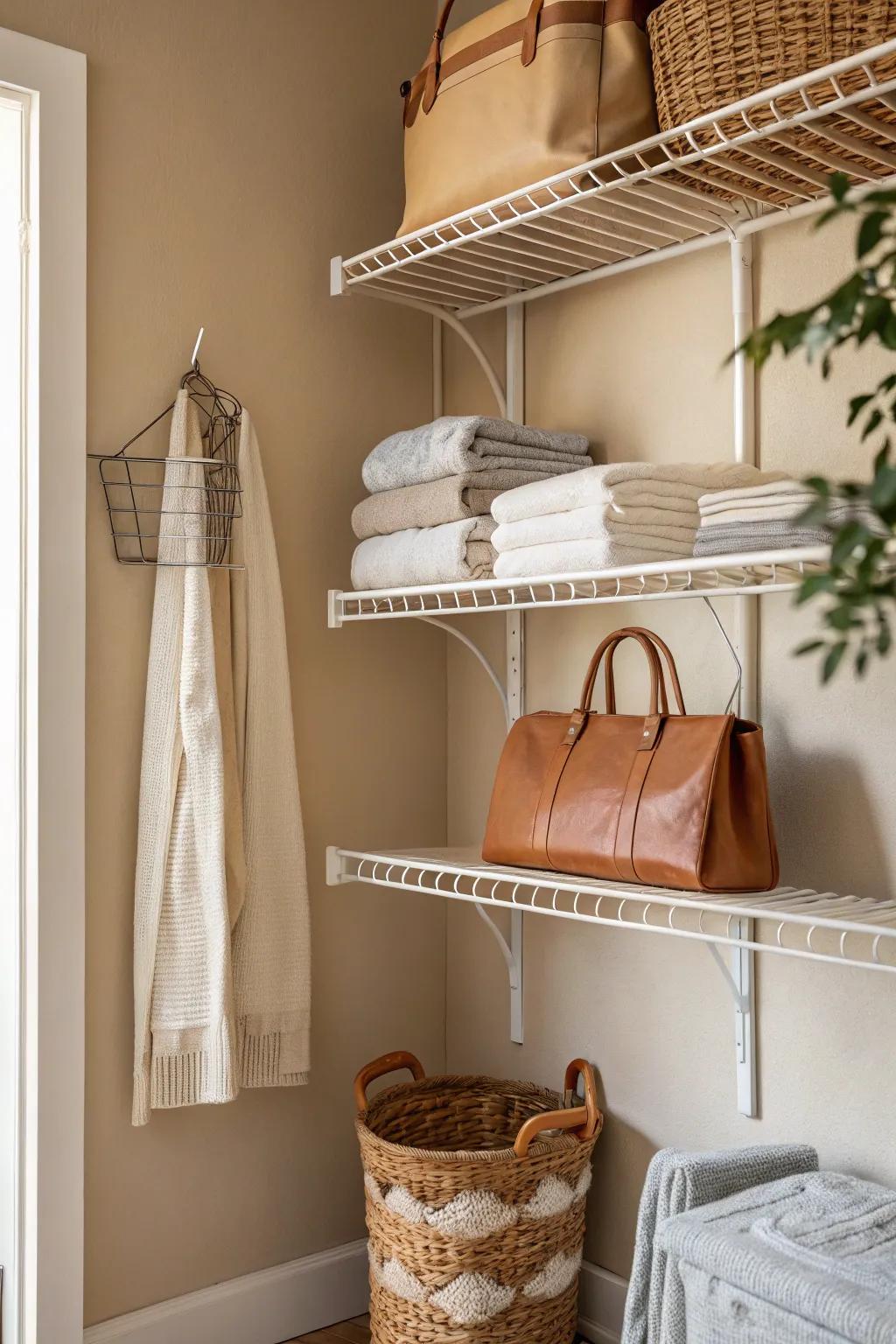 A short wire shelf on the back wall adds breathing room for linens and bags.