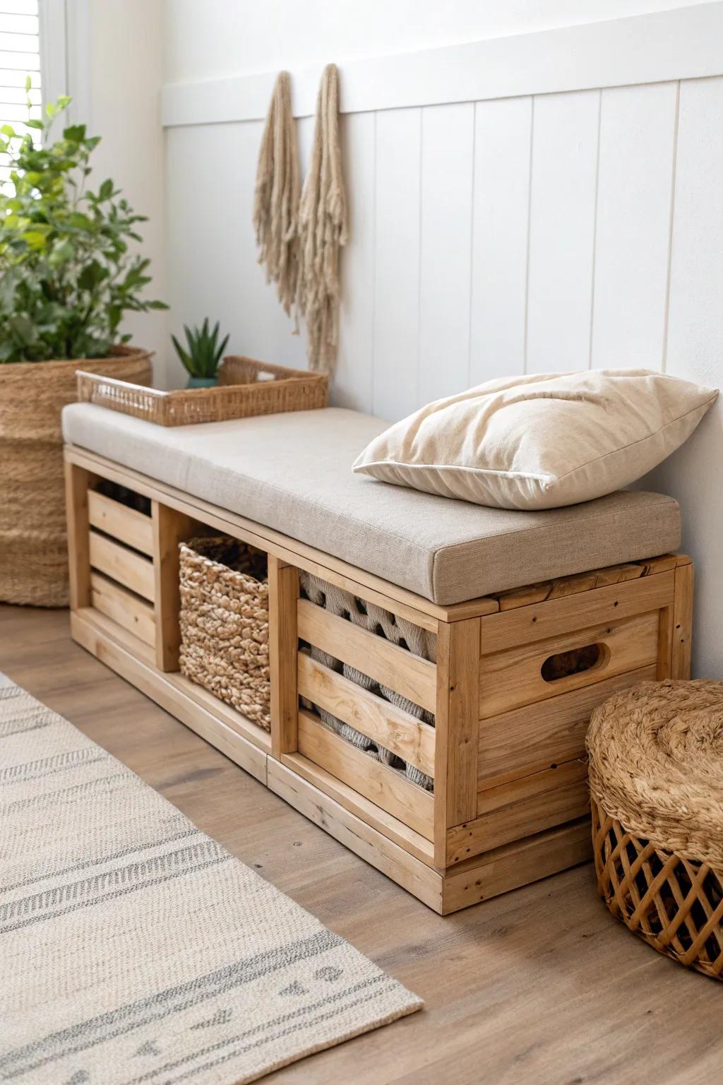 Toy storage meets seating: a chic wood-crate bench that saves space in tiny rooms.