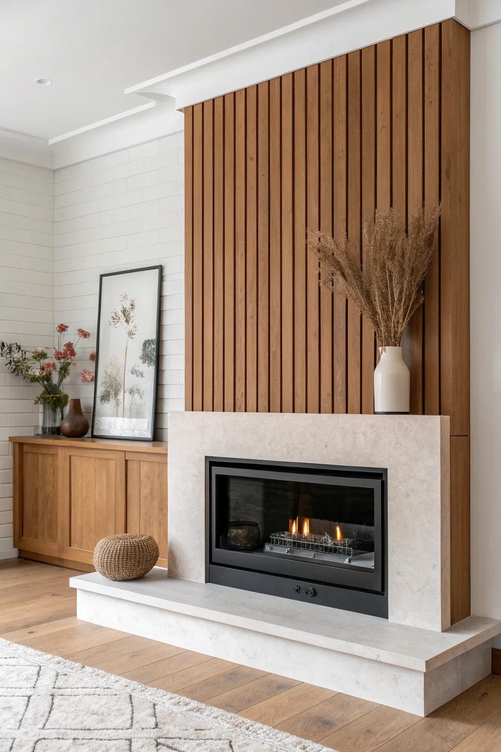Painted paneled fireplace wall in bold clay tone—instant focal point for a tiny living room.
