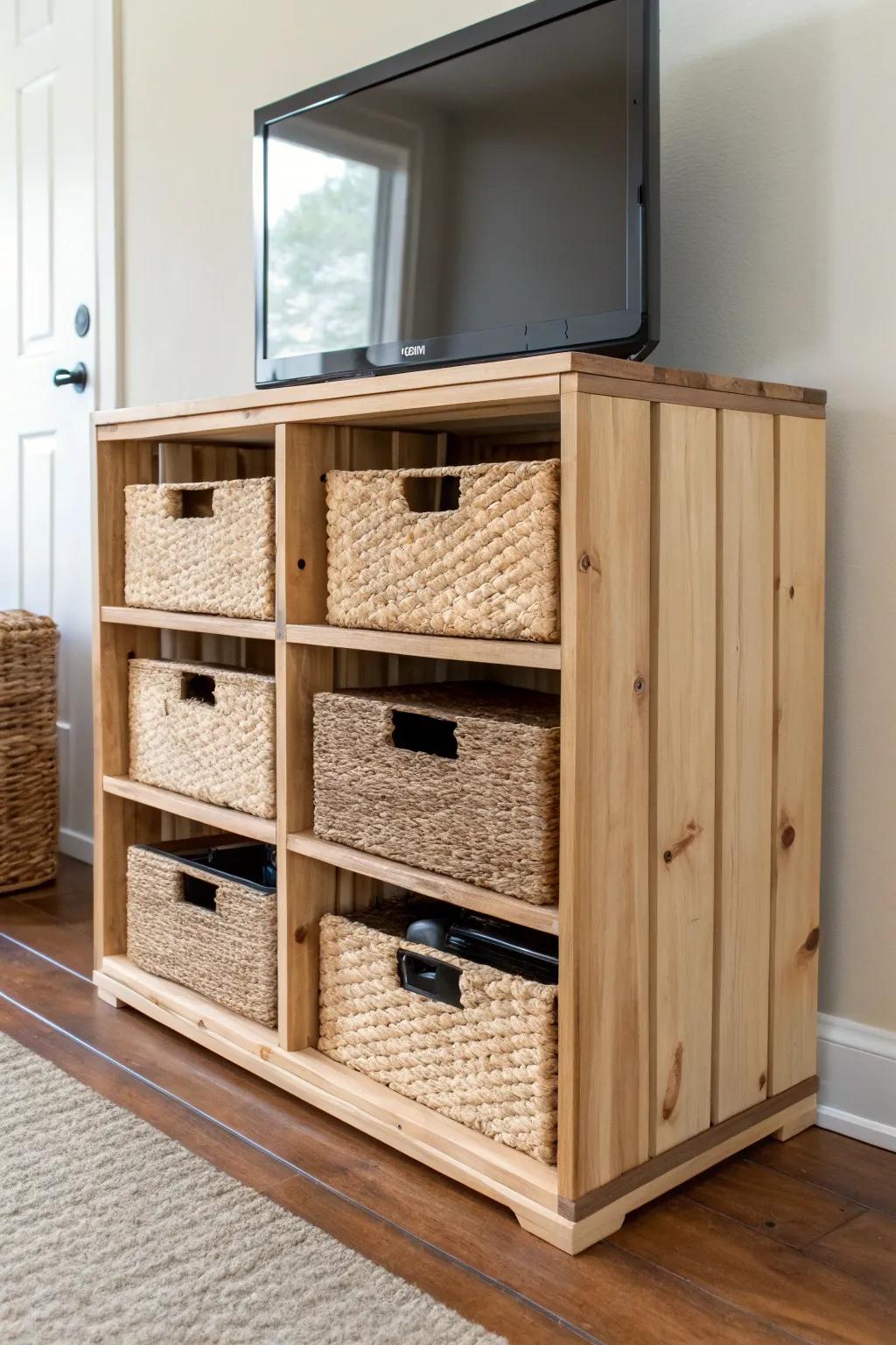 DIY TV stand from stacked wooden crates—minimal, cozy, and perfect for small-space storage.