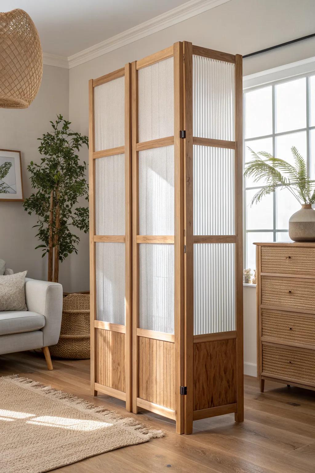 Warm wood + translucent panels: an airy room divider that adds privacy without darkening.
